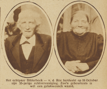 871474 Dubbelportret van het echtpaar Bilderbeek-van de Ree (vermoedelijk Dadelstraat 8) te Utrecht, dat 55 jaar getrouwd is.